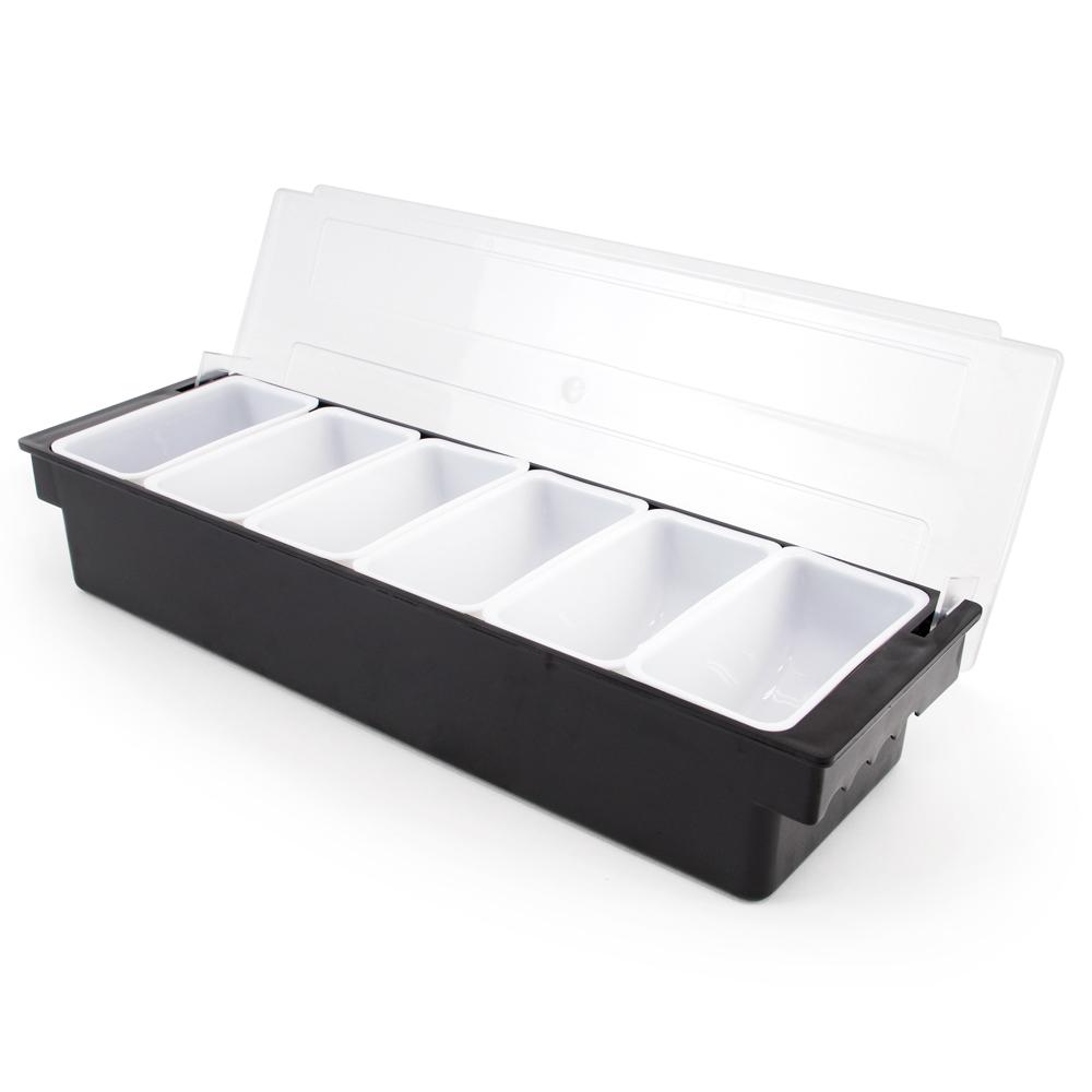 Black six-tray bar top snack and garnish station with clear hinged lid and white trays