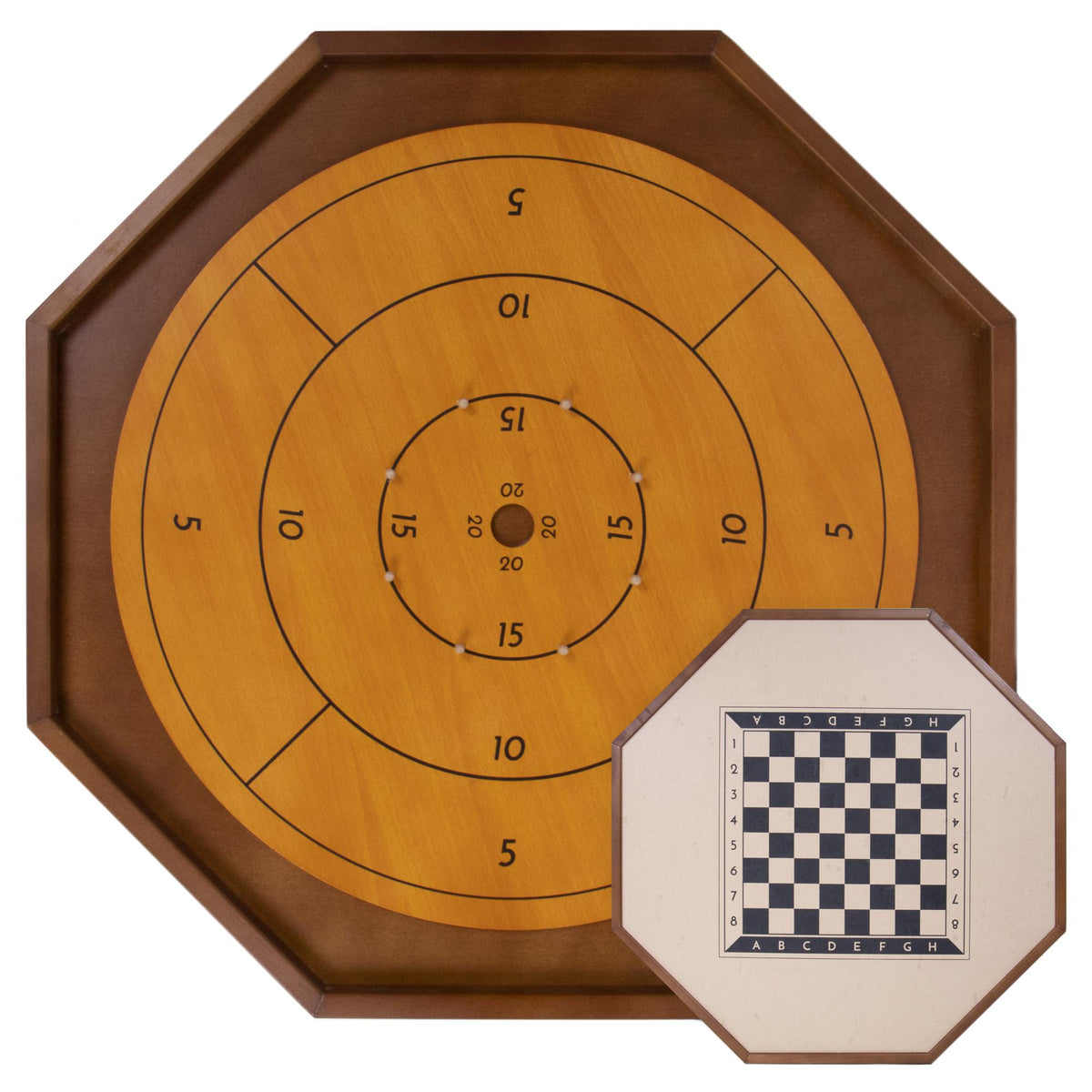 Octagonal wooden crokinole board with scoring rings, shown with checkerboard reverse side