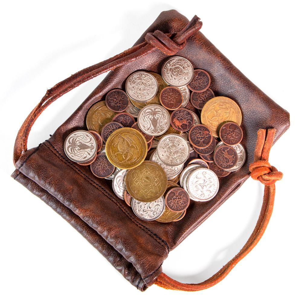 Brown leather pouch spilling gold, silver and bronze metal game coins