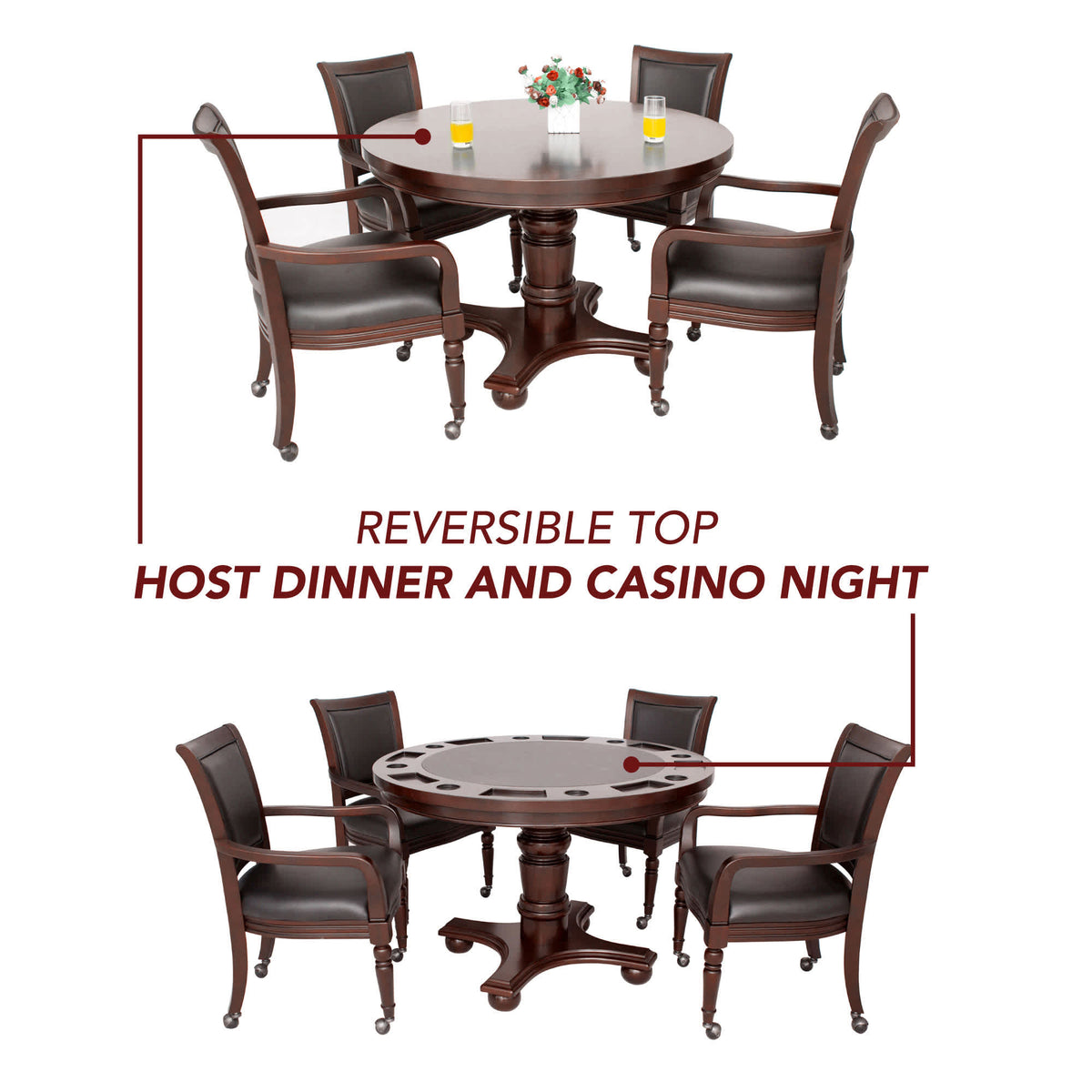 Bridgeport 48-in Poker Table and Dining Top with 4 Arm Chairs - Walnut Finish - Church of Craps