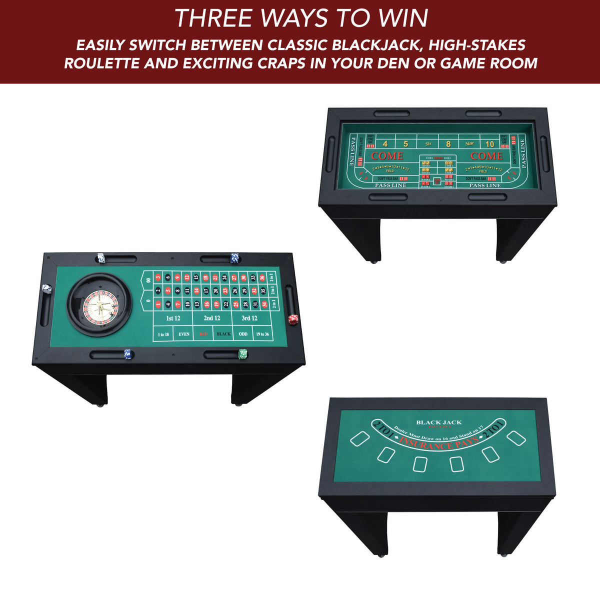 Monte Carlo 48-in Roulette Table 4-in-1 Casino Multi-Game Set - Black - Church of Craps